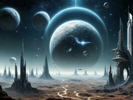A Futuristic City With Planets And A Spaceship. AI Generated photo