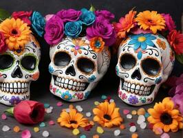 Three Skulls With Colorful Flowers And Cons. AI Generated photo