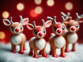 Three Reindeer Figuris With Red Noses And White Noses. AI Generated photo