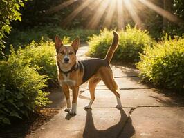 A Dog Standing On A Path In The Sun. AI Generated photo