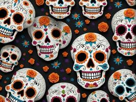 A Bunch Of Skulls With Colorful Skulls And Flowers. AI Generated photo