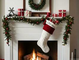 un Navidad hogar con medias y medias colgando en él. ai generado foto