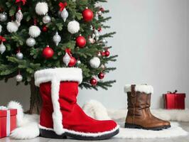 Navidad árbol con regalos y botas. ai generado foto