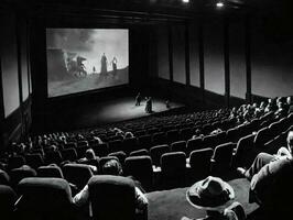 un negro y blanco foto de un vacío teatro. ai generado