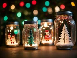 Tres masón frascos con Navidad luces y un Navidad árbol. ai generado foto