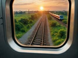 tren ventana ver a puesta de sol. ai generado foto