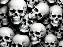 A Lot Of Skulls On A Black Background. AI Generated photo