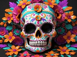 A Skull With Flowers And Butterflies On It. AI Generated photo