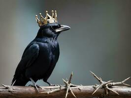 A Black Bird With A Crown On Its Head. AI Generated photo