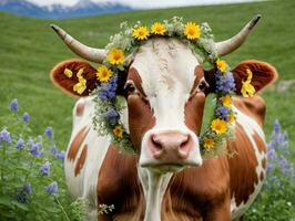 un vaca con un guirnalda de flores en sus cabeza. ai generado foto