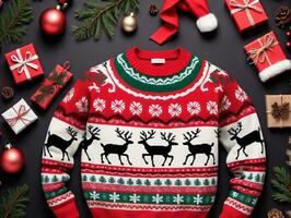 un Navidad suéter con renos y presenta ai generado foto