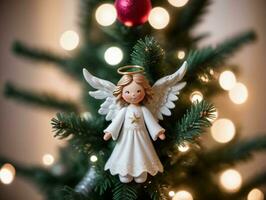 A Christmas Tree With A Small Angel Fig. AI Generated photo