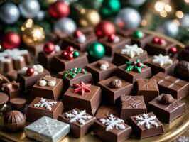 un plato de chocolates con Navidad decoraciones ai generado foto