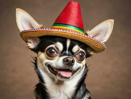Chihuahua Dog Wearing Sombren Hat. AI Generated photo
