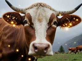 un vaca con un cuerda de luces en sus cabeza. ai generado foto