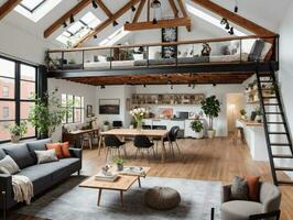 A Living Room With A Loft Style Loft. AI Generated photo