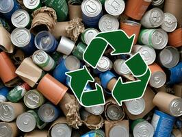 A Pile Of Cans With A Green Recal. AI Generated photo