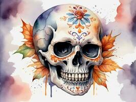 A Watercolor Skull With Flowers On It. AI Generated photo