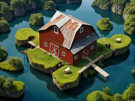 A Red Barn Sits On A Small Island. AI Generated photo