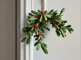 A Christmas Wreath Hanging On A Door. AI Generated photo