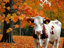 un vaca en pie en un campo de hojas. ai generado foto