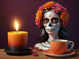 A Woman With A Sugar Skull Face Paint And A Cup Of Coffee. AI Generated photo