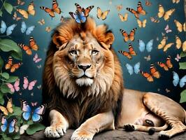 un león tendido en un rock rodeado por mariposas ai generado foto