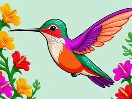 A Humming Hummingbird Flying Over Flowers. AI Generated photo