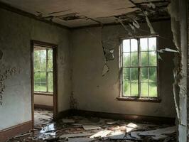 un habitación con un roto ventana. ai generado foto