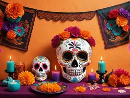 A Table Topped With A Skull Mask And Candles. AI Generated photo