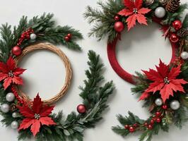 dos Navidad coronas con rojo y verde decoraciones ai generado foto