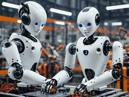 Two Robots Working On A Convey In A Factory. AI Generated photo