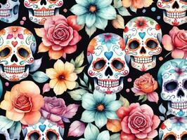 Watercolor Skull And Flowers Seamless Pattern. AI Generated photo