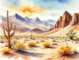 Desert Landscape With Cactus And Mountains. AI Generated photo