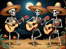 Two Skeletons Playing Guitar And Singing In The Desert. AI Generated photo