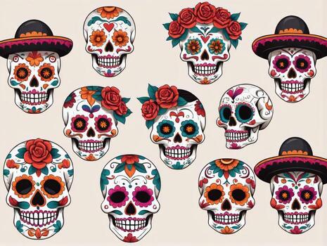 A Set Of Skulls With Different Colors And Patterns. AI Generated photo