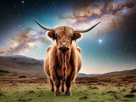 A Long Horned Cow Standing In A Field. AI Generated photo