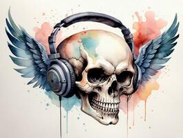 Skull With Headphones And Wings. AI Generated photo