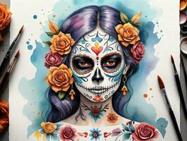 A Woman With A Sugar Skull Face Painted In Watercolor. AI Generated photo