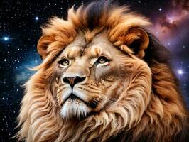 A Lion With A Big Mane And A Starr Background. AI Generated photo