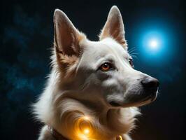 A White Dog With A Glowing Collar. AI Generated photo