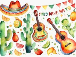 Watercolor Mexican Music Instruments And Cactus. AI Generated photo