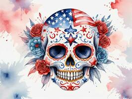 Watercolor Skull With Roses And Stars. AI Generated photo