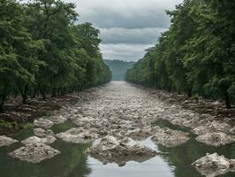 A River With Rocks And Trees. AI Generated photo