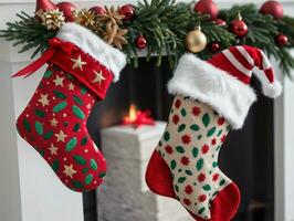 A Christmas Stocking Hanging On A Fireplace. AI Generated photo