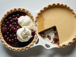 A Pie And A Pie Dish With A Slice Missing. AI Generated photo