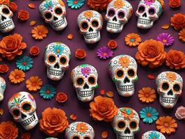 A Bunch Of Skulls With Flowers On Them. AI Generated photo