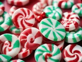 un pila de caramelo dulces con verde y rojo remolino. ai generado foto