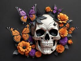 un cráneo con mariposas y flores ai generado foto