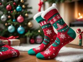 A Pair Of Christmas Socks Sitting On A Table. AI Generated photo